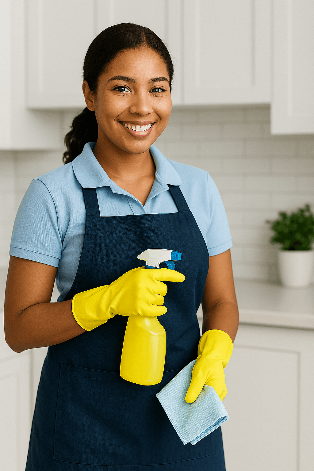 Smiling cleaner wearing gloves holding a spray bottle and cloth in a bright kitchen