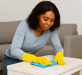 Cleaner wiping a coffee table wearing yellow gloves